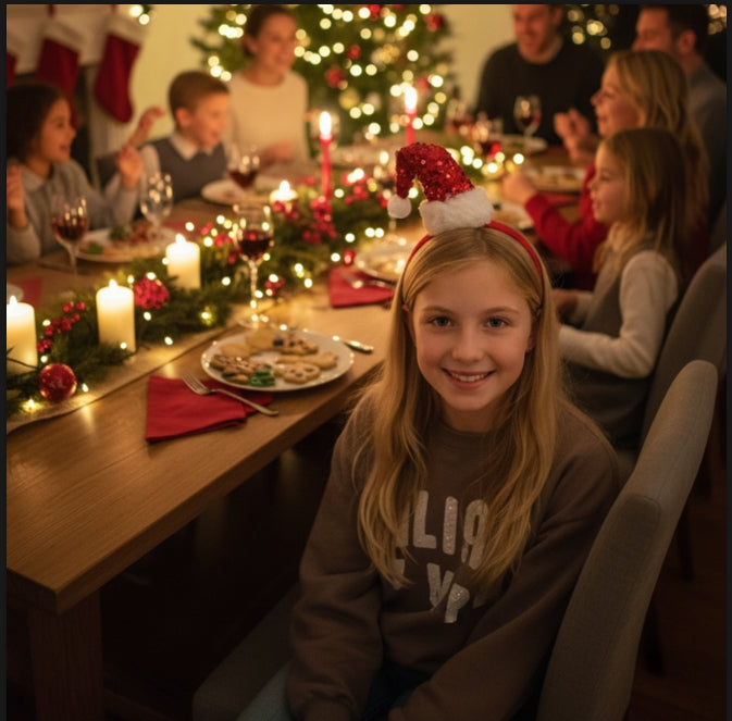 Girl wearing a red sequin Santa hat headband at Christmas