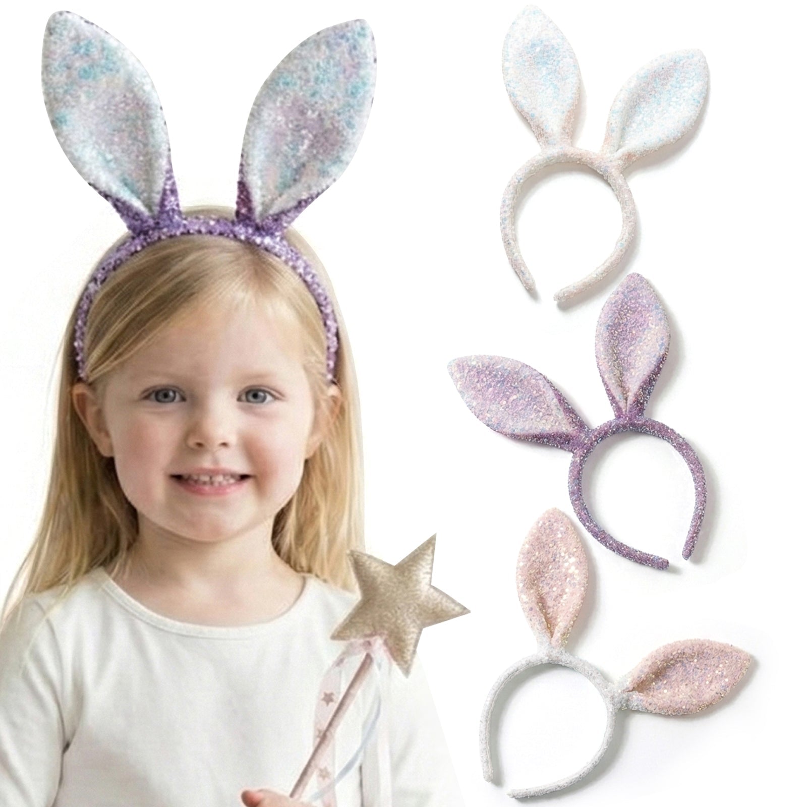 3PACK Glitter Bunny Ears Headband for Girls Dress Up & Costume Parties - ForBaysyAngel