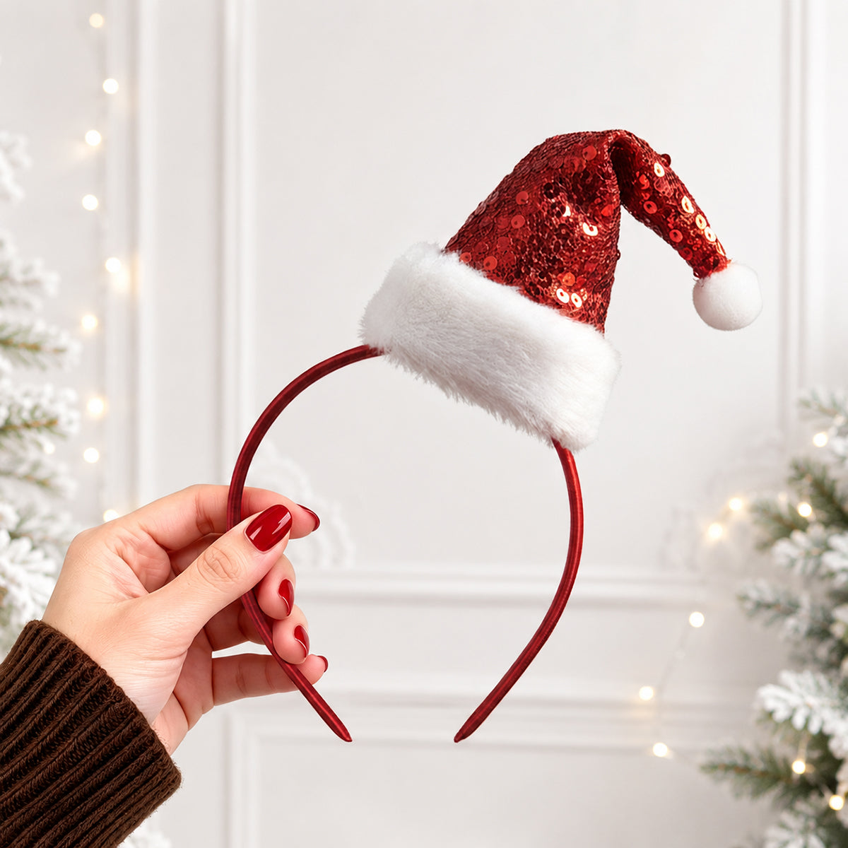 Red sequin Santa hat headband with white faux fur trim