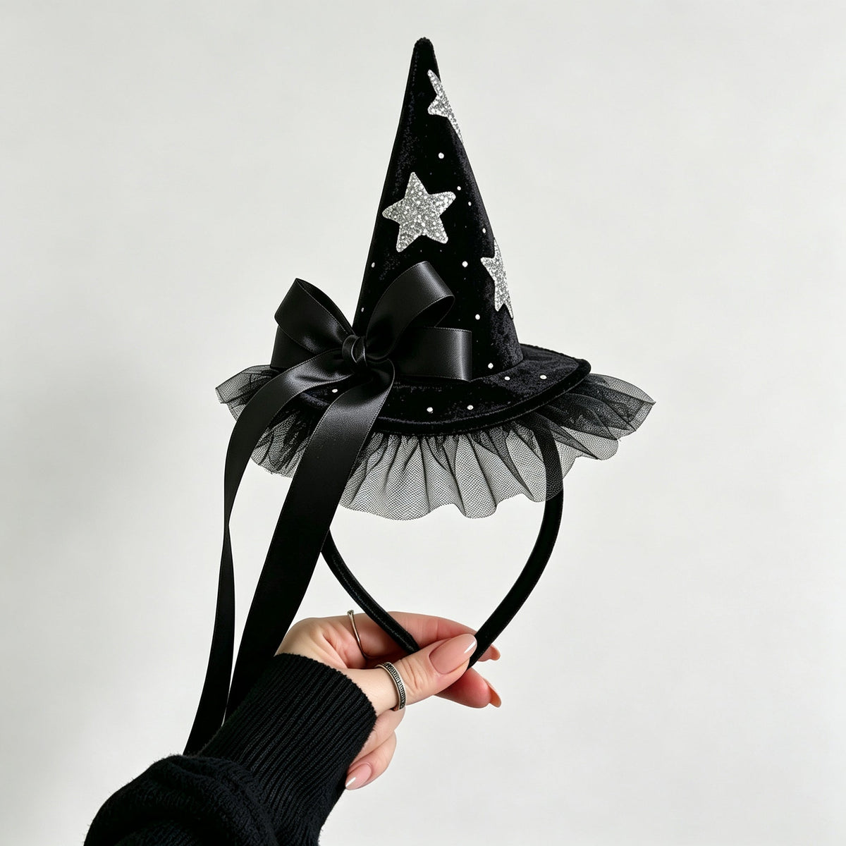 Black Velvet Witch Hat Headband with Stars & Satin Bow - ForBaysyAngel