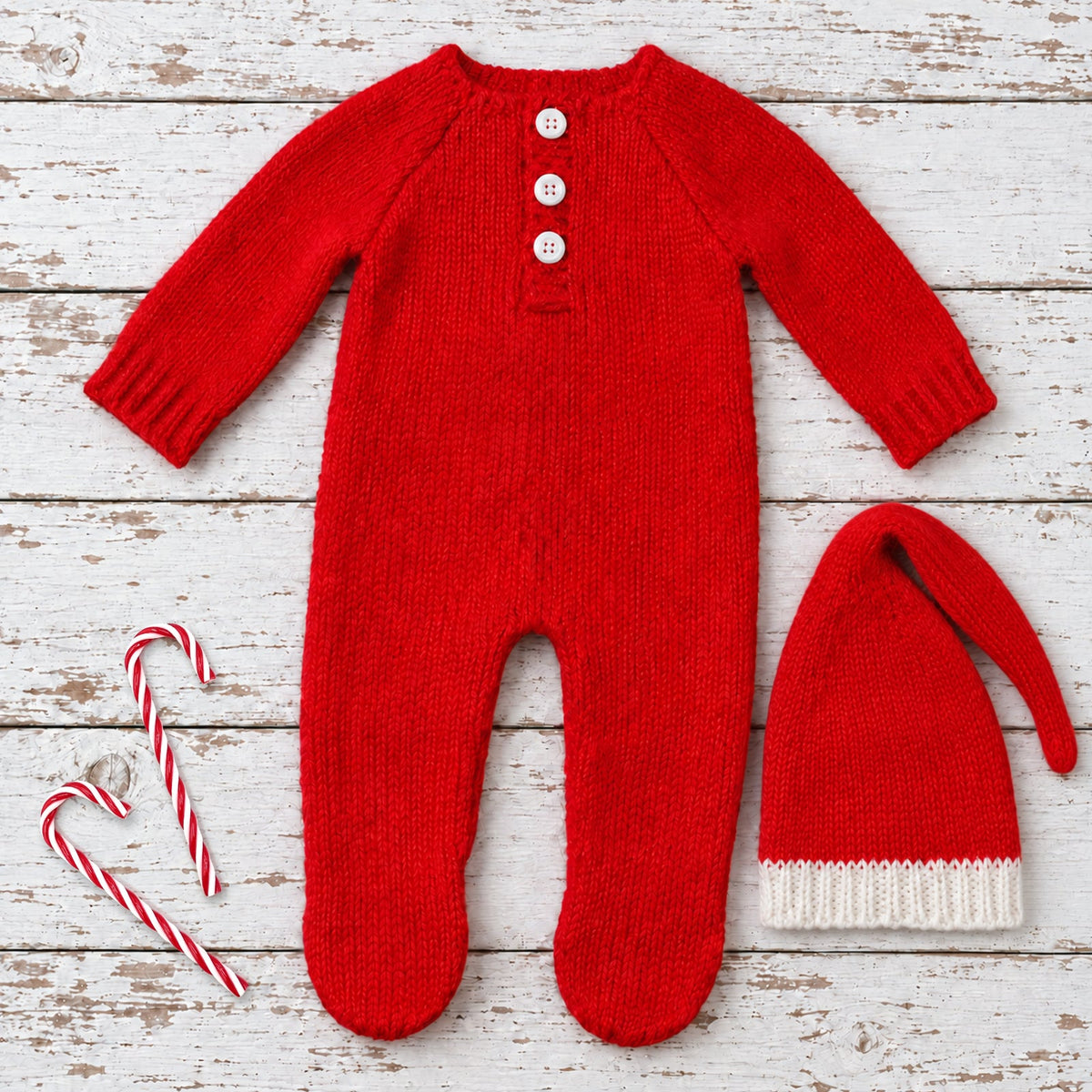 Christmas Newborn Photo Props Set – Red Infant Knit Romper, Santa Hat & Candy Cane - ForBaysyAngel