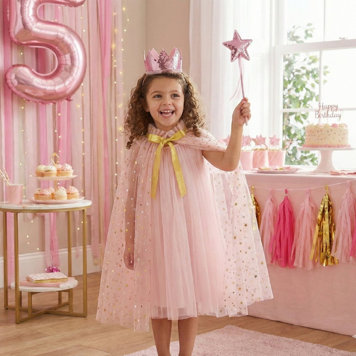 Fairy Dress Up Tulled Cape with Star Wand & Crown Headband - ForBaysyAngel