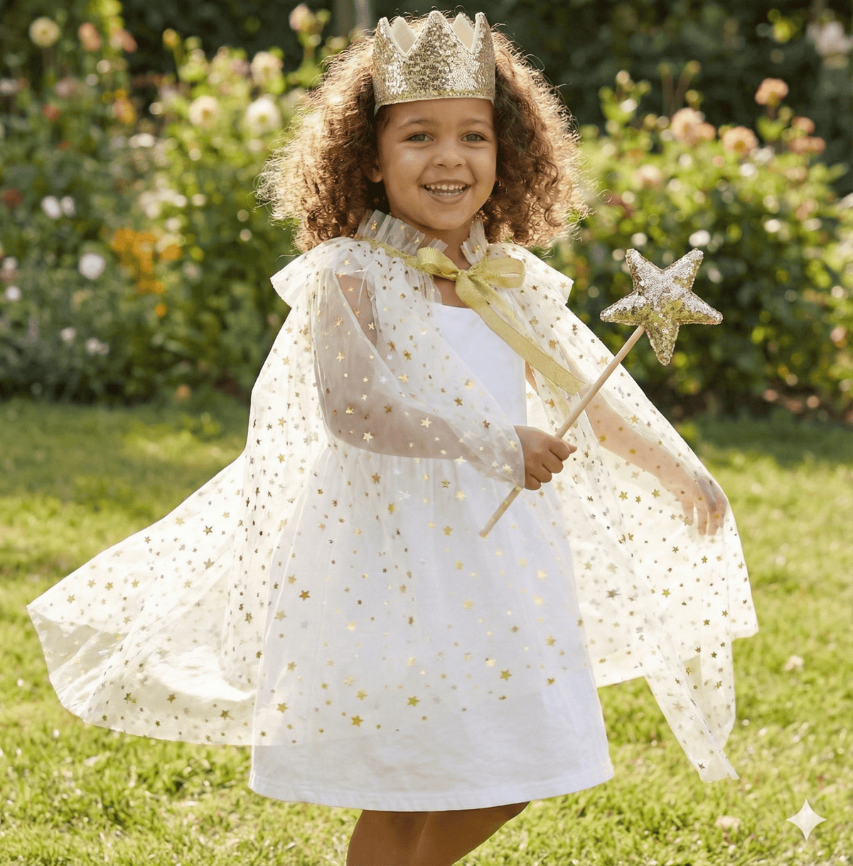 Fairy Dress Up Tulled Cape with Star Wand & Crown Headband - ForBaysyAngel