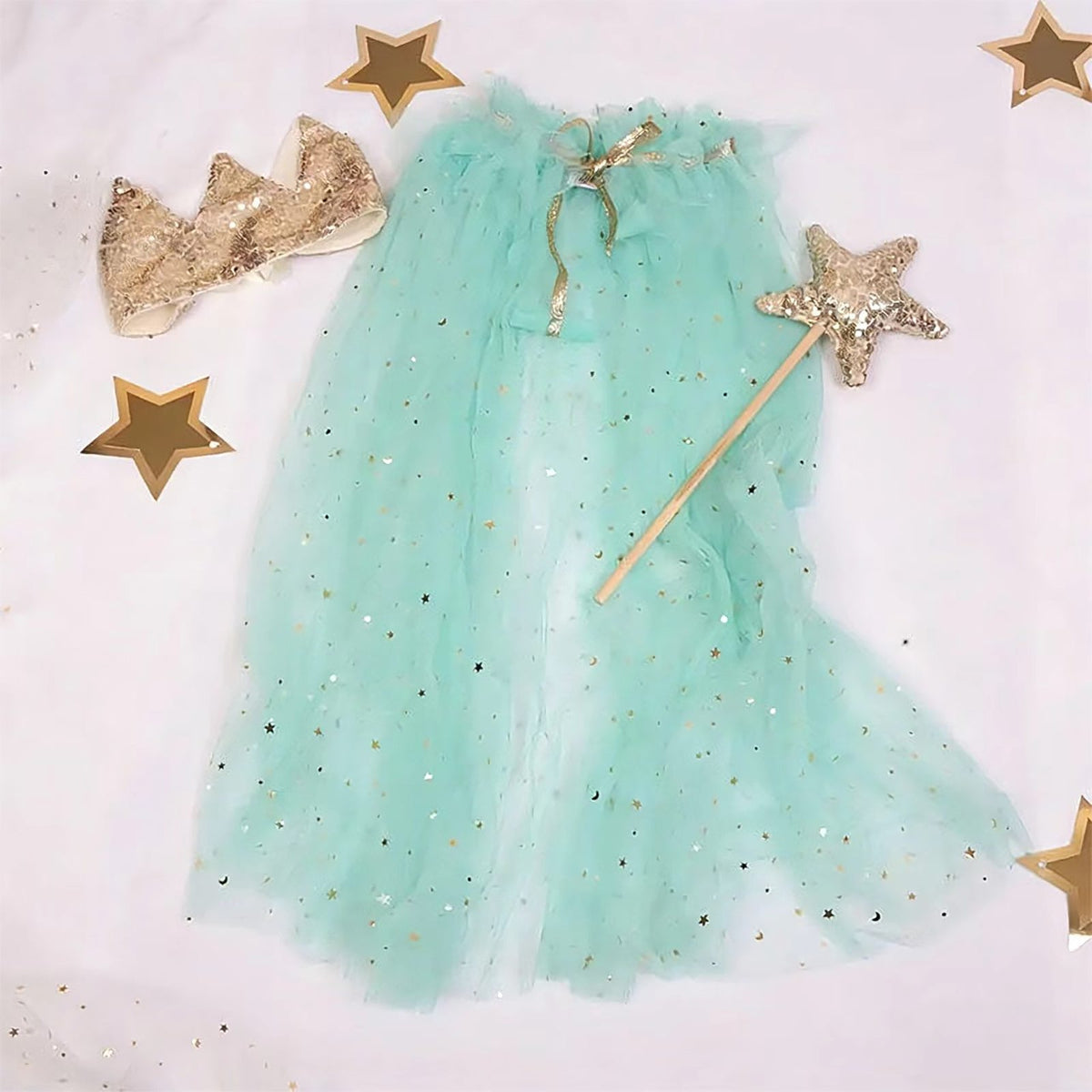 Fairy Dress Up Tulled Cape with Star Wand & Crown Headband - ForBaysyAngel