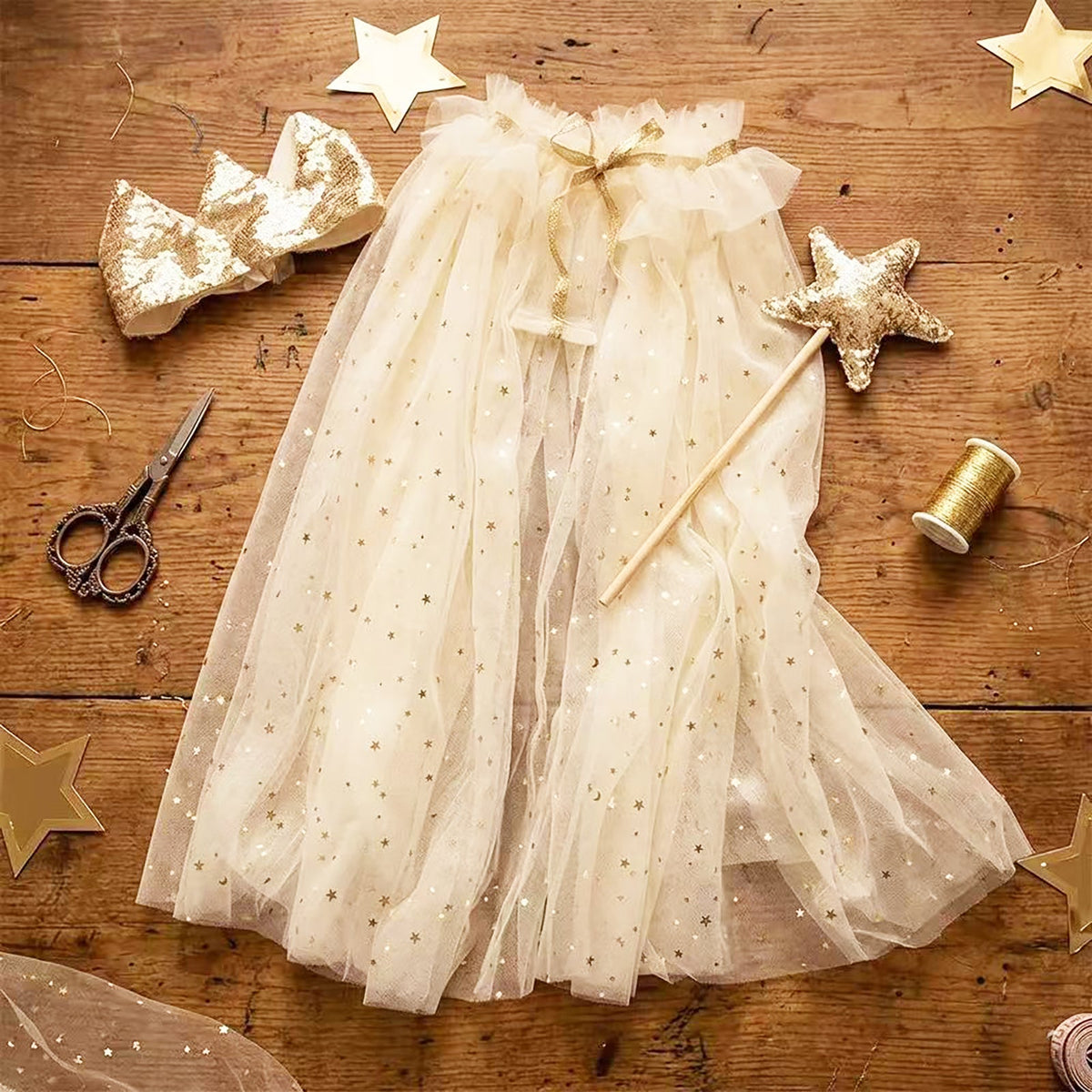 Fairy Dress Up Tulled Cape with Star Wand & Crown Headband - ForBaysyAngel