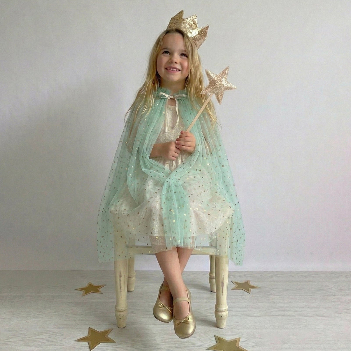Fairy Dress Up Tulled Cape with Star Wand & Crown Headband - ForBaysyAngel