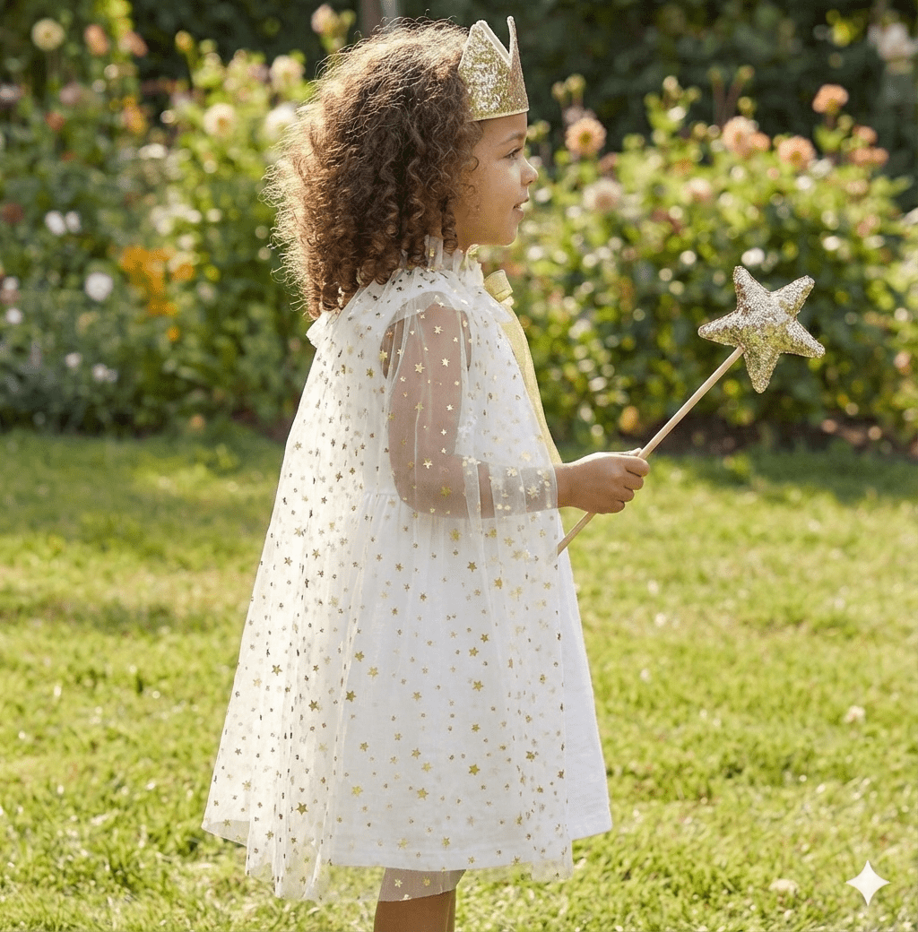 Fairy Dress Up Tulled Cape with Star Wand & Crown Headband - ForBaysyAngel