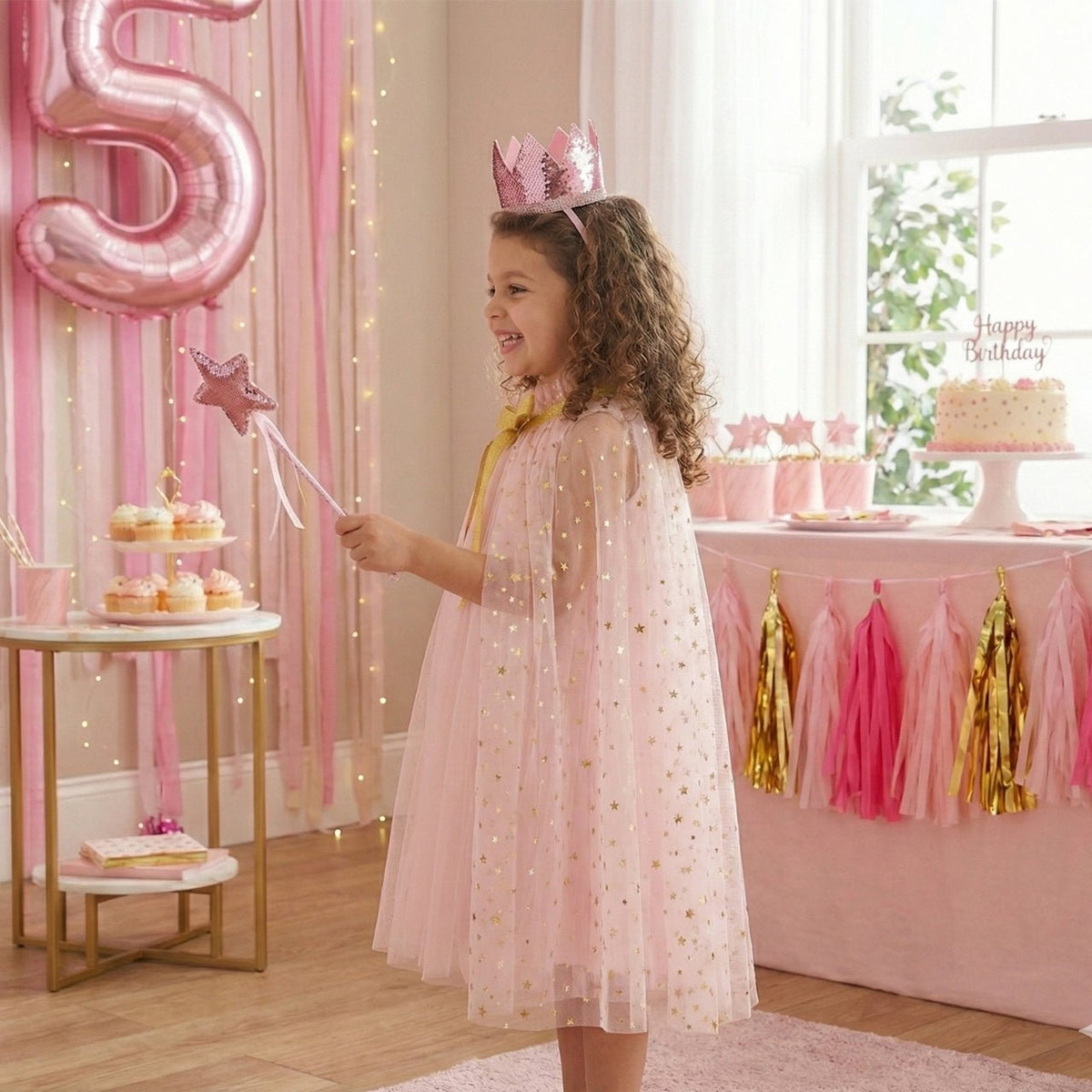 Fairy Dress Up Tulled Cape with Star Wand & Crown Headband - ForBaysyAngel