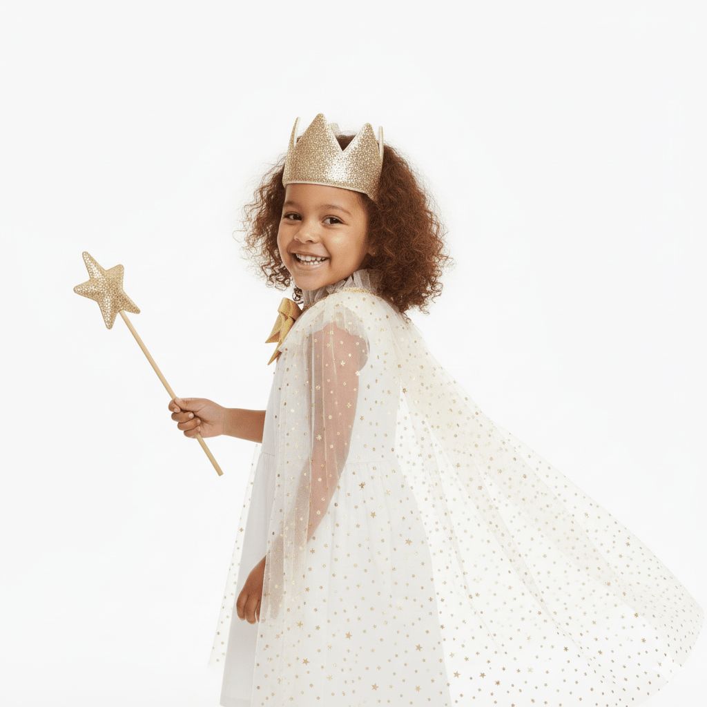 Fairy Dress Up Tulled Cape with Star Wand & Crown Headband - ForBaysyAngel