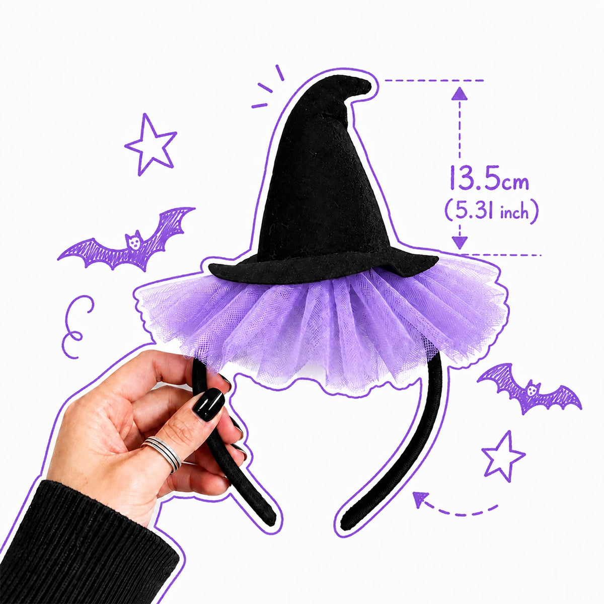 Gothic Black Velvet Mini Witch Hat Headband with Purple Tulle - ForBaysyAngel