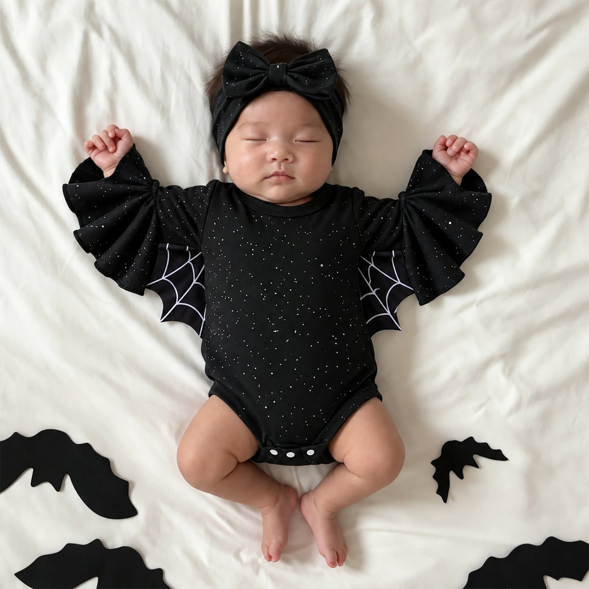 Halloween Bat Newborn Photography Outfit Black Ruffle Romper and Bow Headband Set - ForBaysyAngel