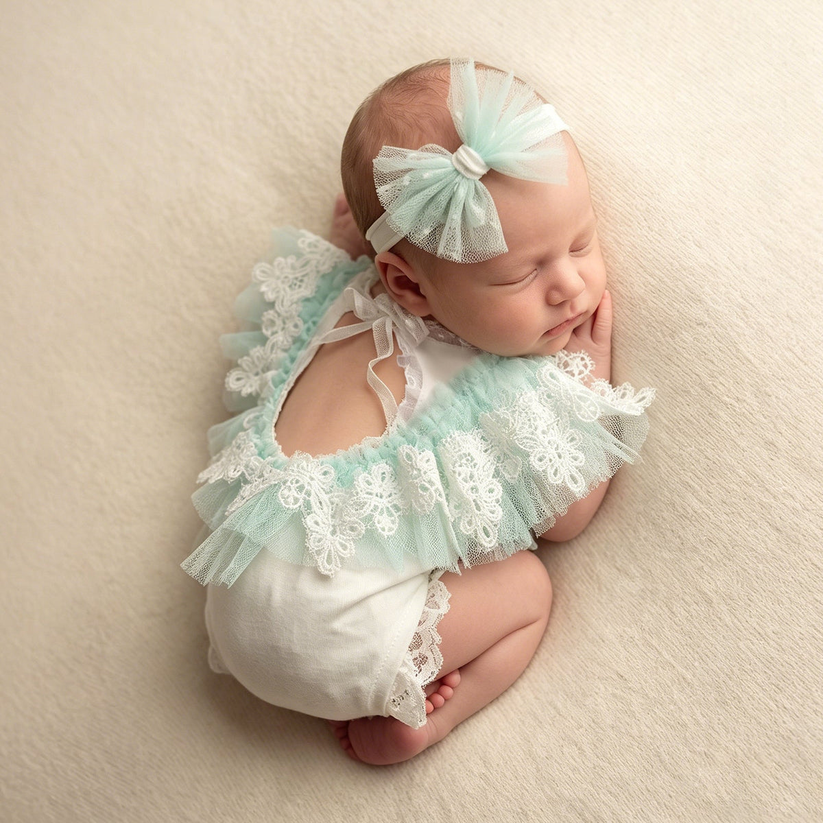 Lace Newborn Romper Set with Headband Infant Girl Photo Prop Outfit - ForBaysyAngel