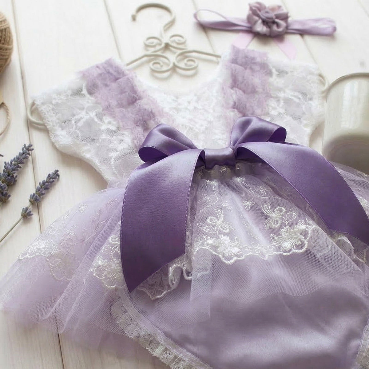 Lavender Lace Newborn Photography Romper & Headband Set - ForBaysyAngel