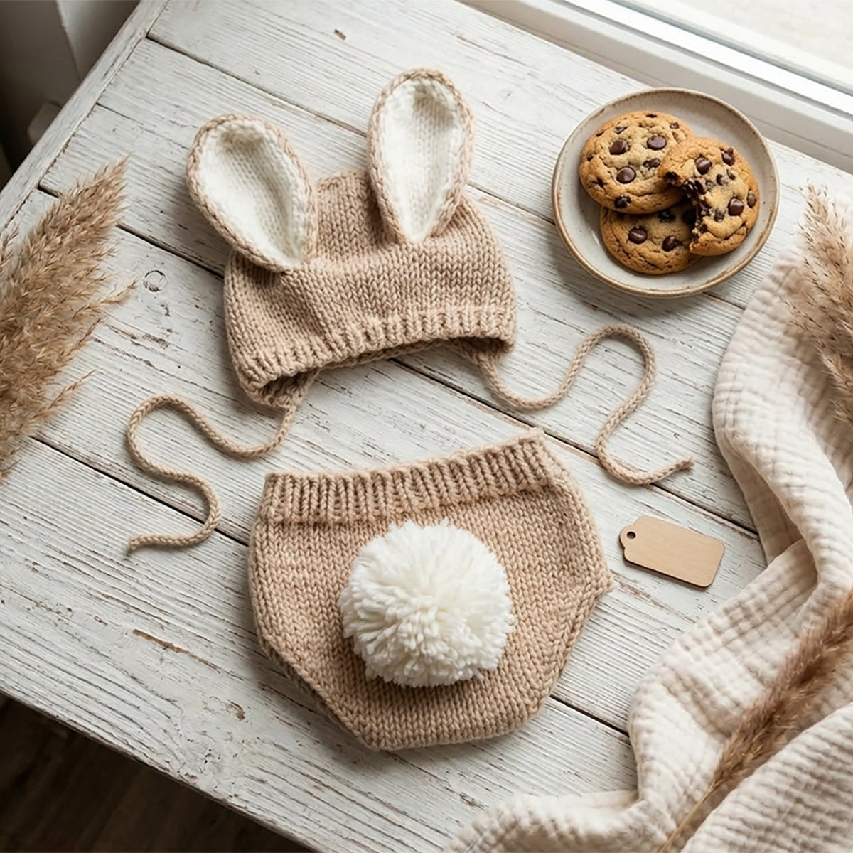 Newborn Bunny Photography Prop Easter Outfit with Pom Pom Tail - ForBaysyAngel