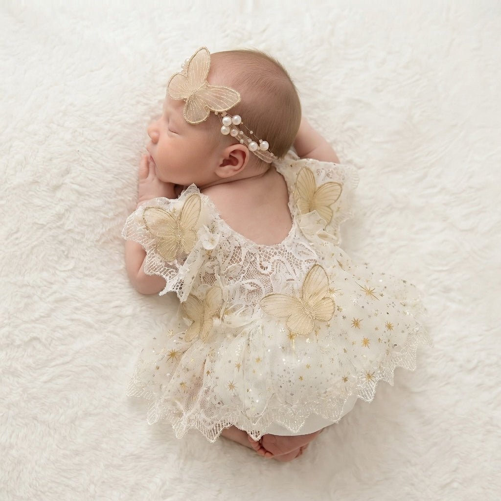 Newborn Girls Photography Prop Outfit - Butterfly Tulle Lace Romper with Headband - ForBaysyAngel
