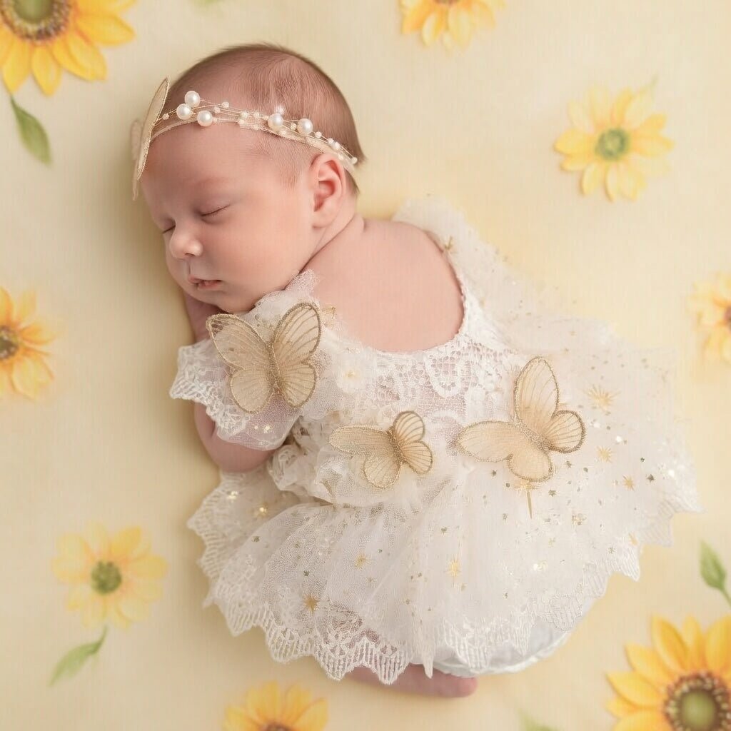 Newborn Girls Photography Prop Outfit - Butterfly Tulle Lace Romper with Headband - ForBaysyAngel