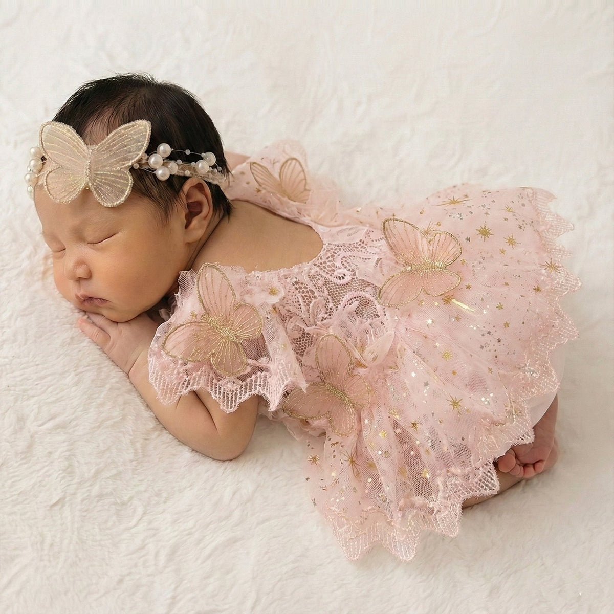 Newborn Girls Photography Prop Outfit - Butterfly Tulle Lace Romper with Headband - ForBaysyAngel