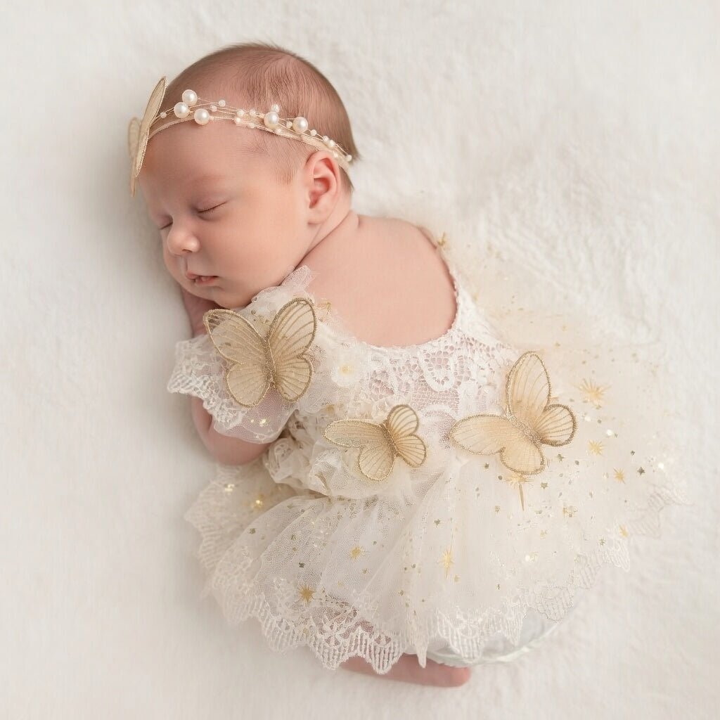 Newborn Girls Photography Prop Outfit - Butterfly Tulle Lace Romper with Headband - ForBaysyAngel