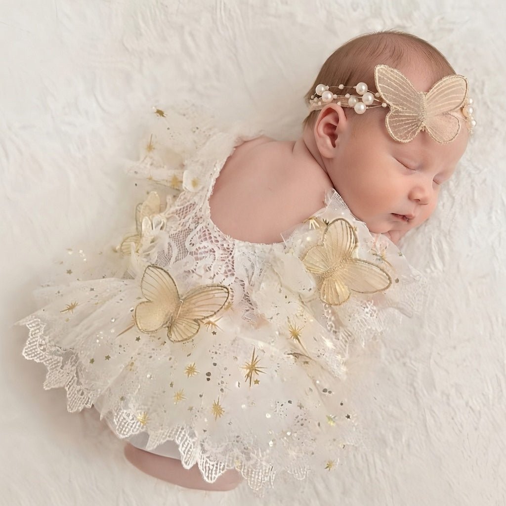 Newborn Girls Photography Prop Outfit - Butterfly Tulle Lace Romper with Headband - ForBaysyAngel
