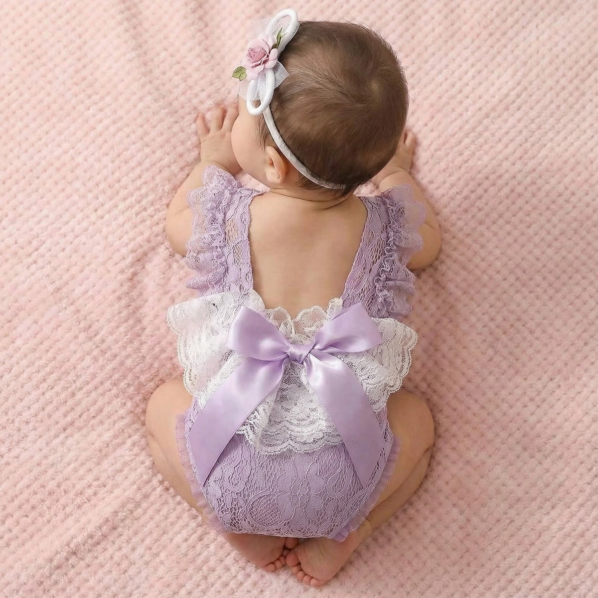 Newborn Lace Photo Romper Outfits For Girls with Bow Headband Set - ForBaysyAngel