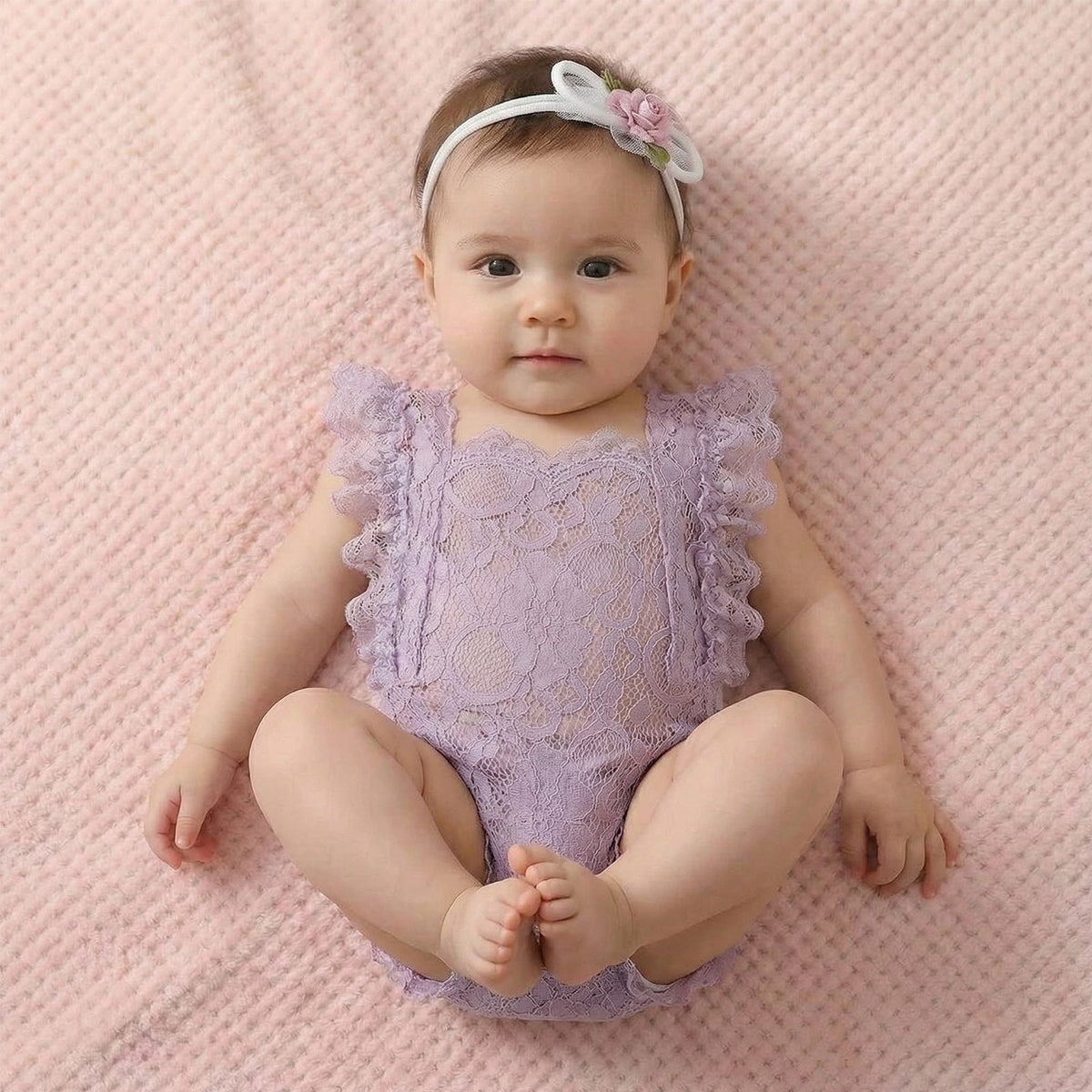 Newborn Lace Photo Romper Outfits For Girls with Bow Headband Set - ForBaysyAngel