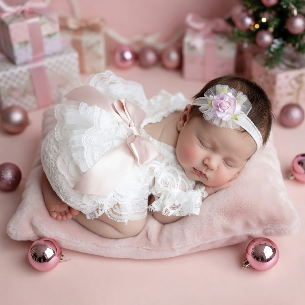 Newborn Lace Photo Romper Outfits For Girls with Bow Headband Set - ForBaysyAngel
