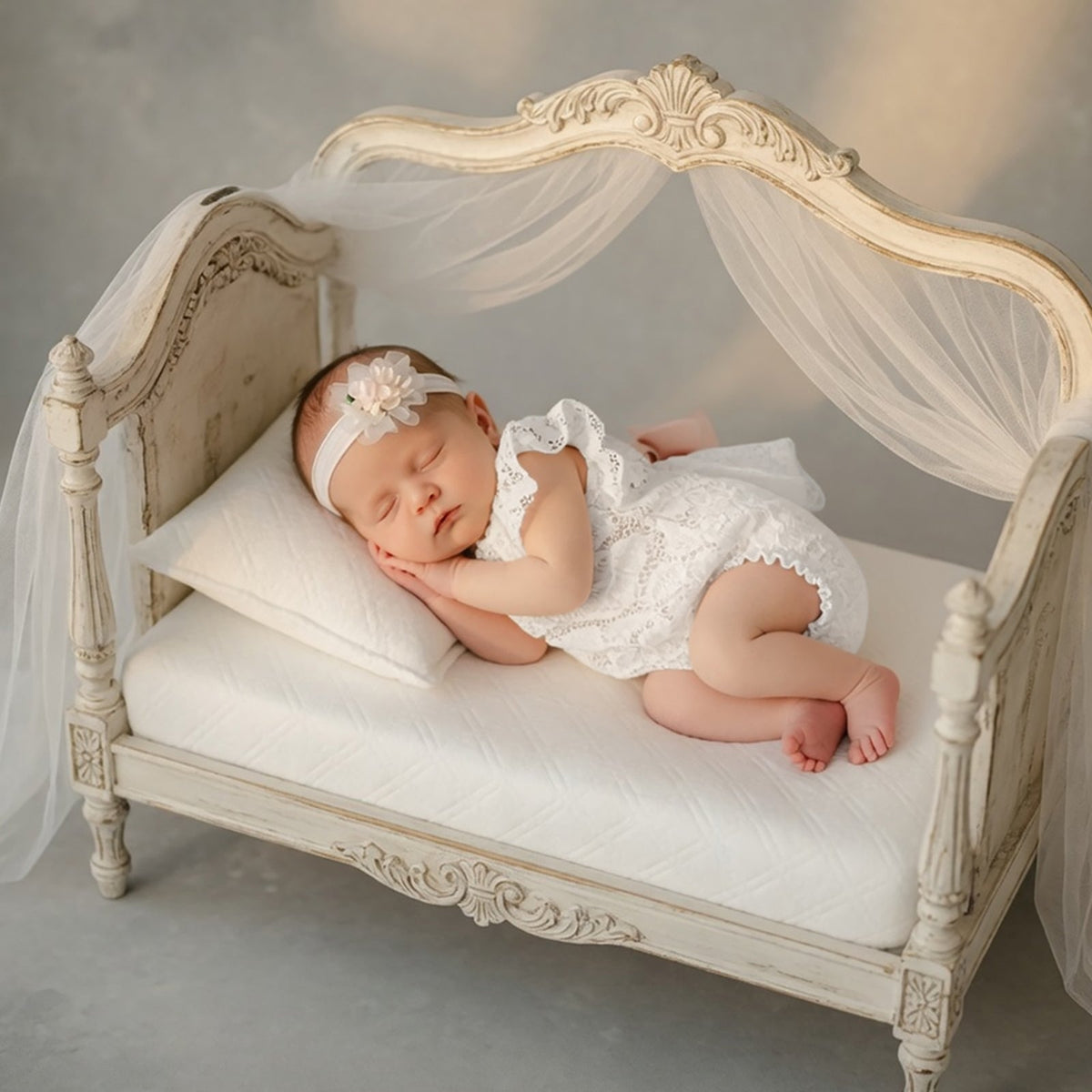 Newborn Lace Photo Romper Outfits For Girls with Bow Headband Set - ForBaysyAngel