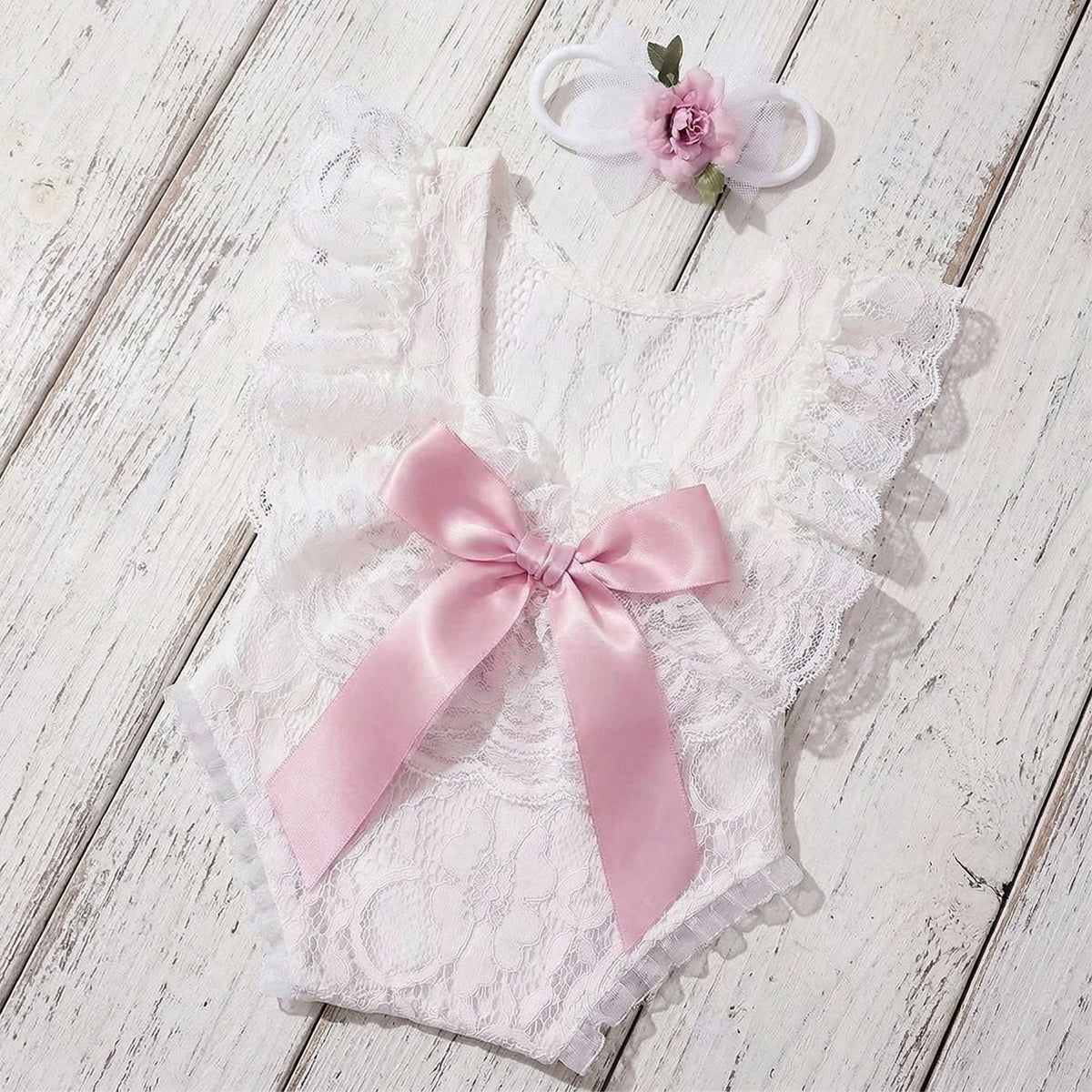 Newborn Lace Photo Romper Outfits For Girls with Bow Headband Set - ForBaysyAngel