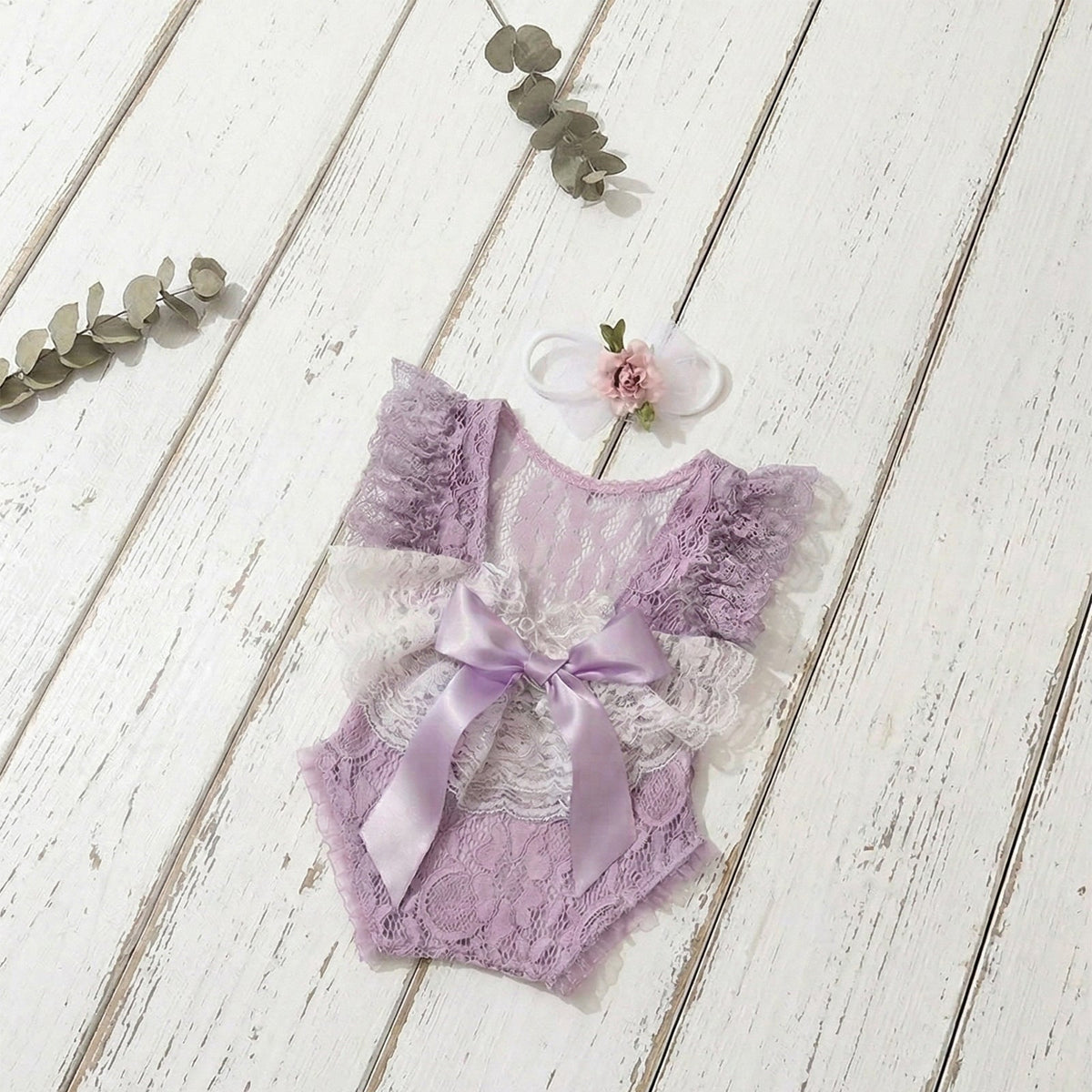 Newborn Lace Photo Romper Outfits For Girls with Bow Headband Set - ForBaysyAngel