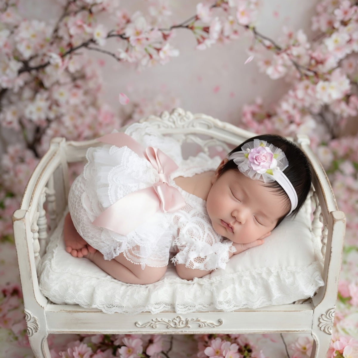 Newborn Lace Photo Romper Outfits For Girls with Bow Headband Set - ForBaysyAngel