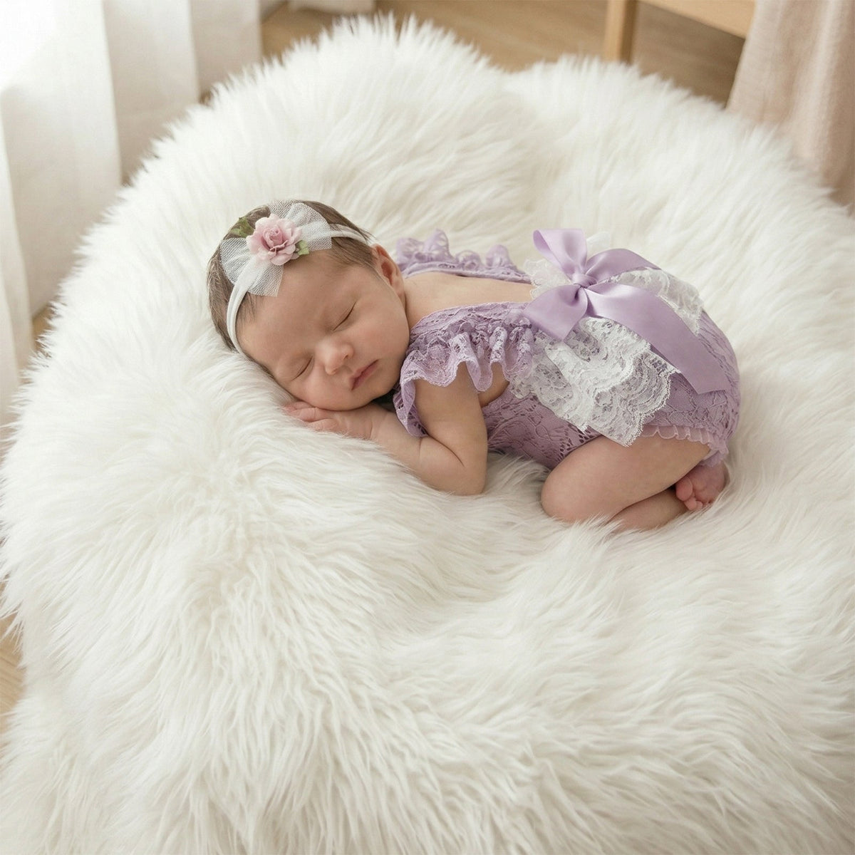 Newborn Lace Photo Romper Outfits For Girls with Bow Headband Set - ForBaysyAngel