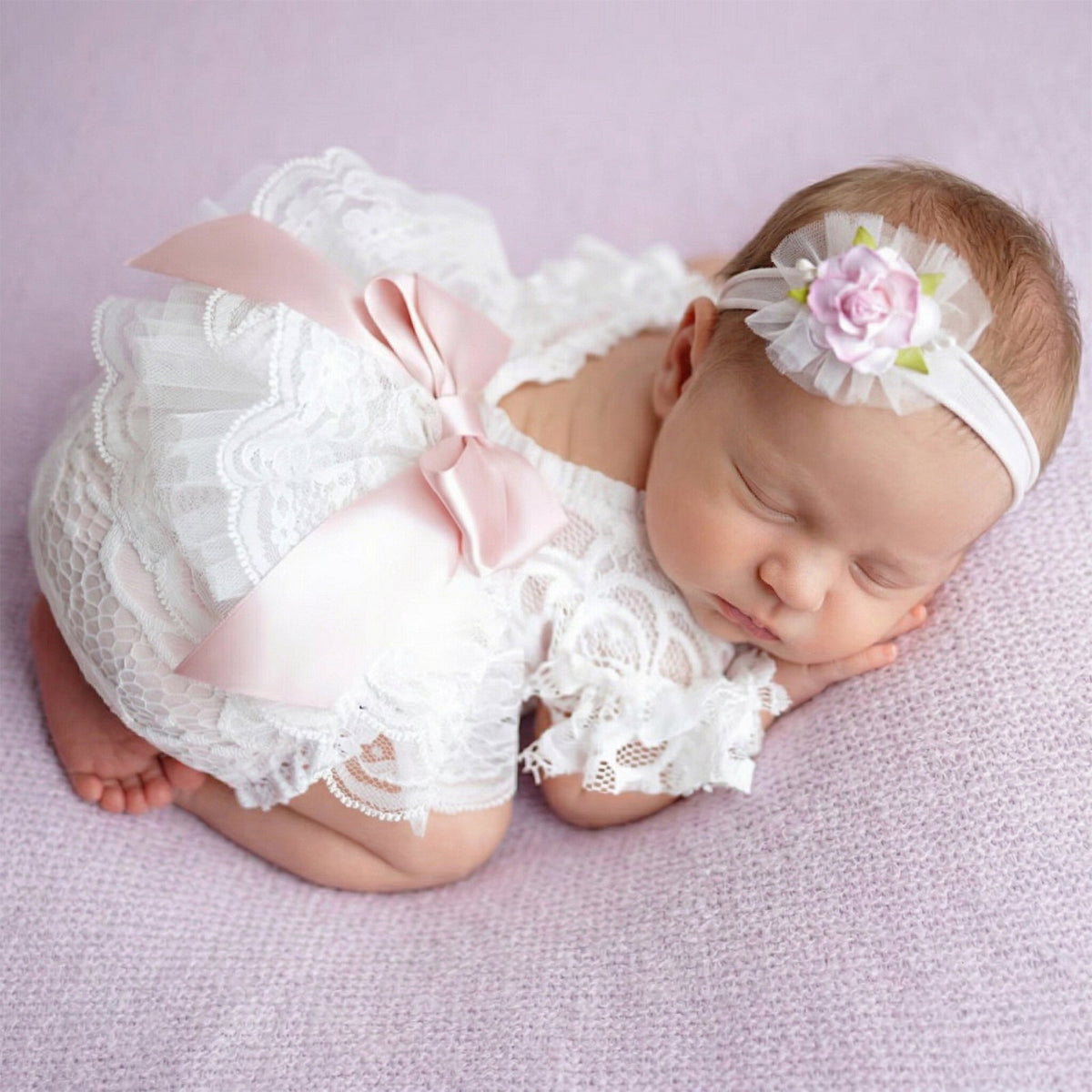 Newborn Lace Photo Romper Outfits For Girls with Bow Headband Set - ForBaysyAngel