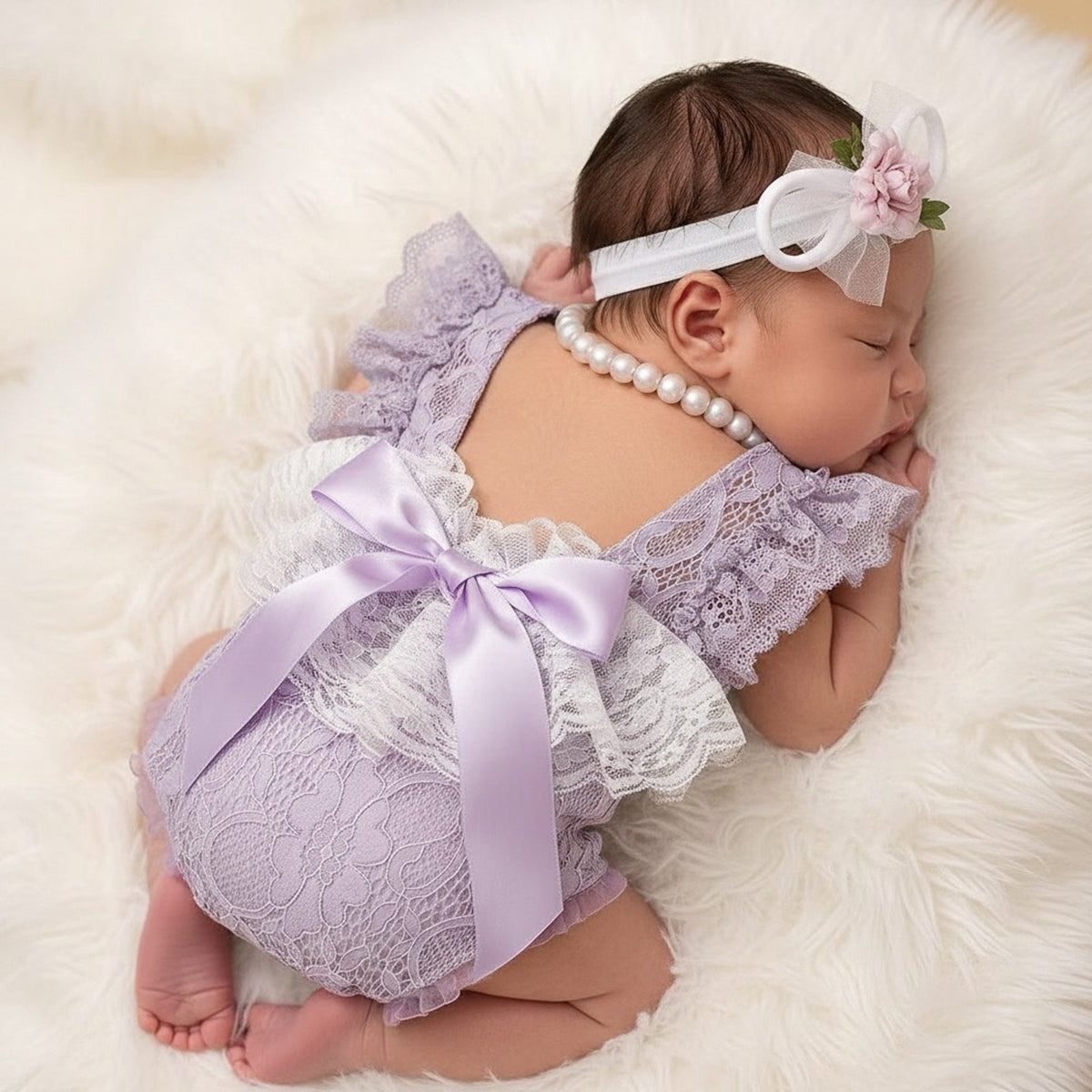 Newborn Lace Photo Romper Outfits For Girls with Bow Headband Set - ForBaysyAngel