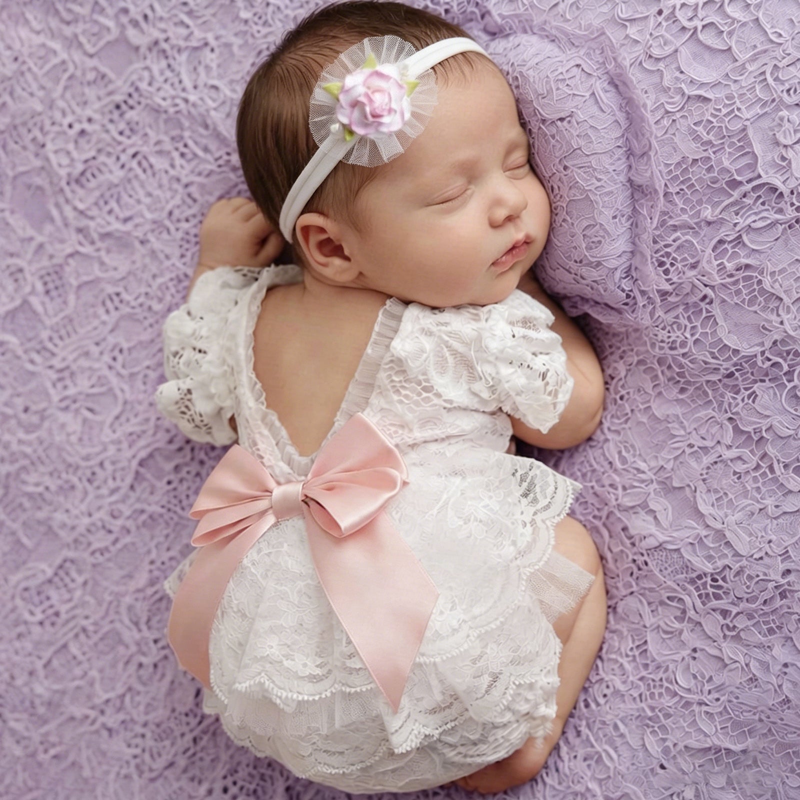 Newborn Lace Photo Romper Outfits For Girls with Bow Headband Set - ForBaysyAngel