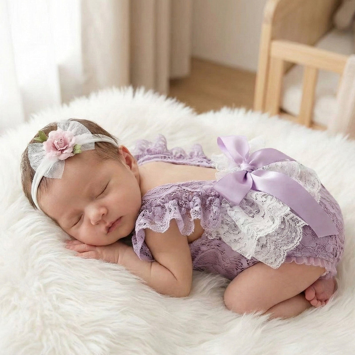 Newborn Lace Photo Romper Outfits For Girls with Bow Headband Set - ForBaysyAngel