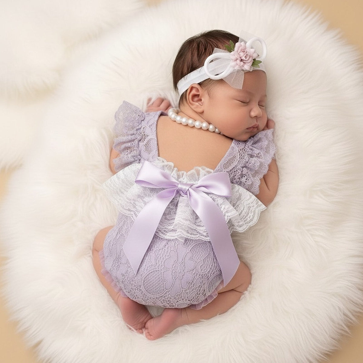 Newborn Lace Photo Romper Outfits For Girls with Bow Headband Set - ForBaysyAngel