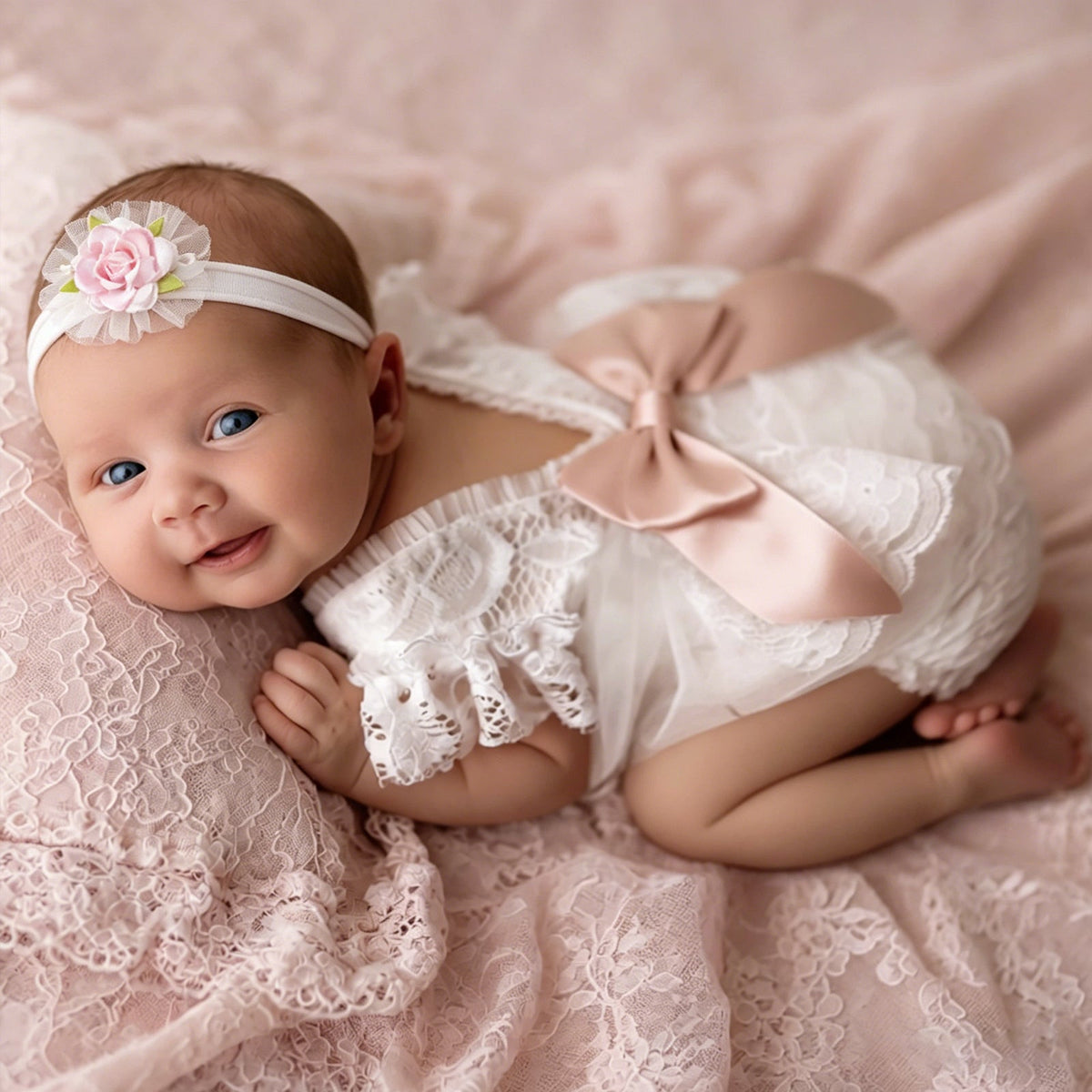 Newborn Lace Photo Romper Outfits For Girls with Bow Headband Set - ForBaysyAngel