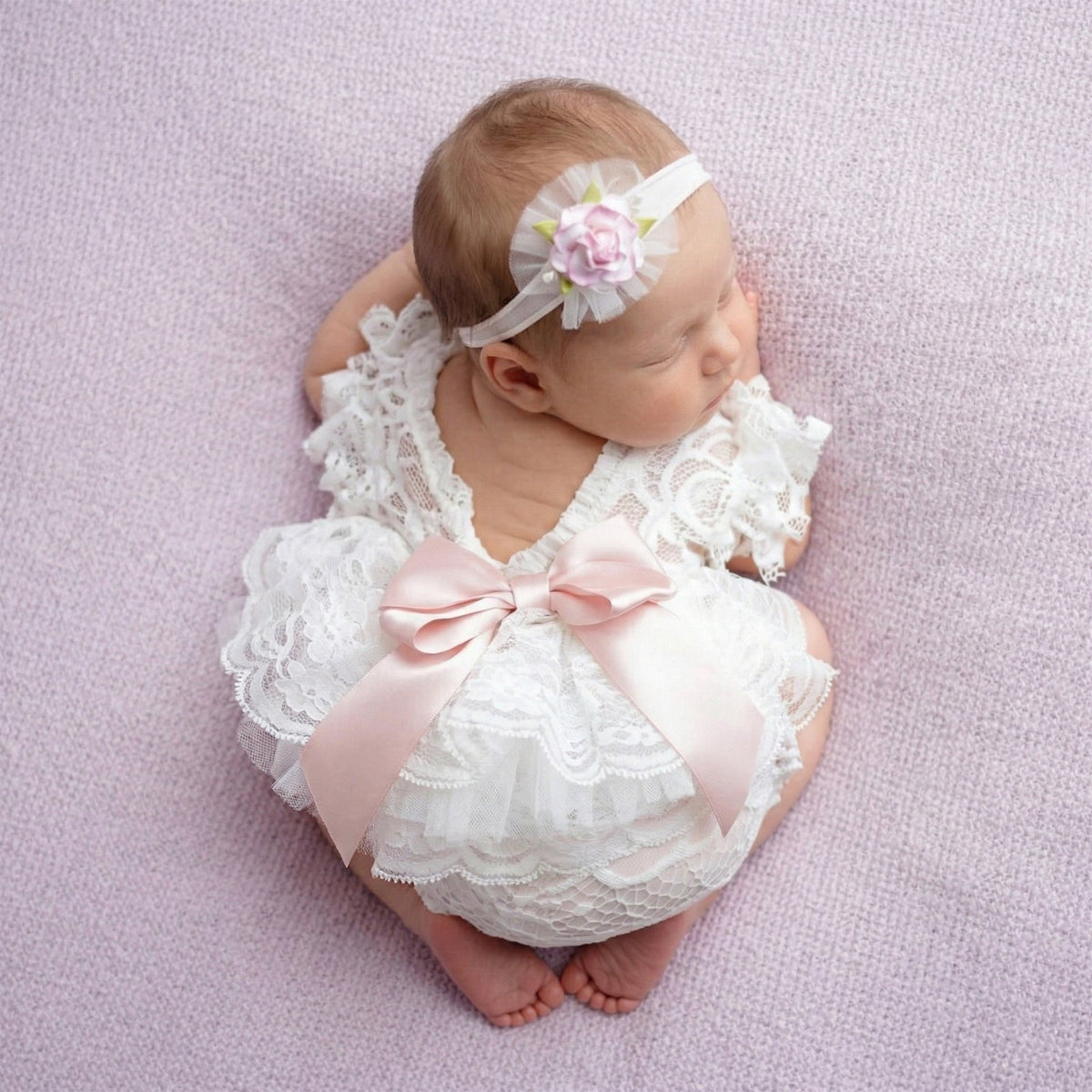 Newborn Lace Photo Romper Outfits For Girls with Bow Headband Set - ForBaysyAngel