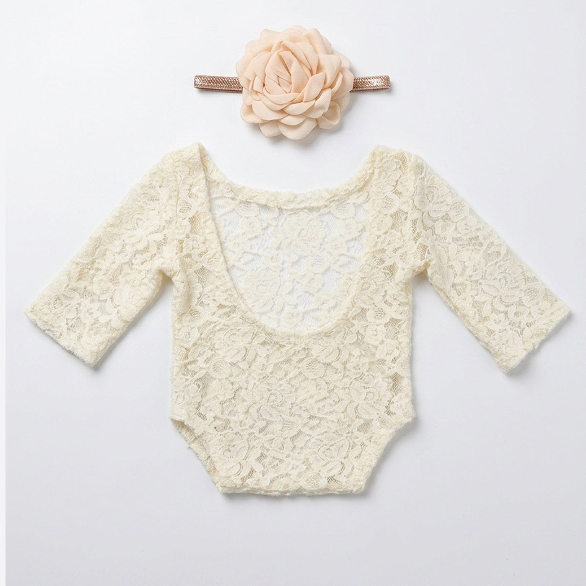Newborn Lace Romper with Flower Headband Ivory Lace Baby Outfit - ForBaysyAngel