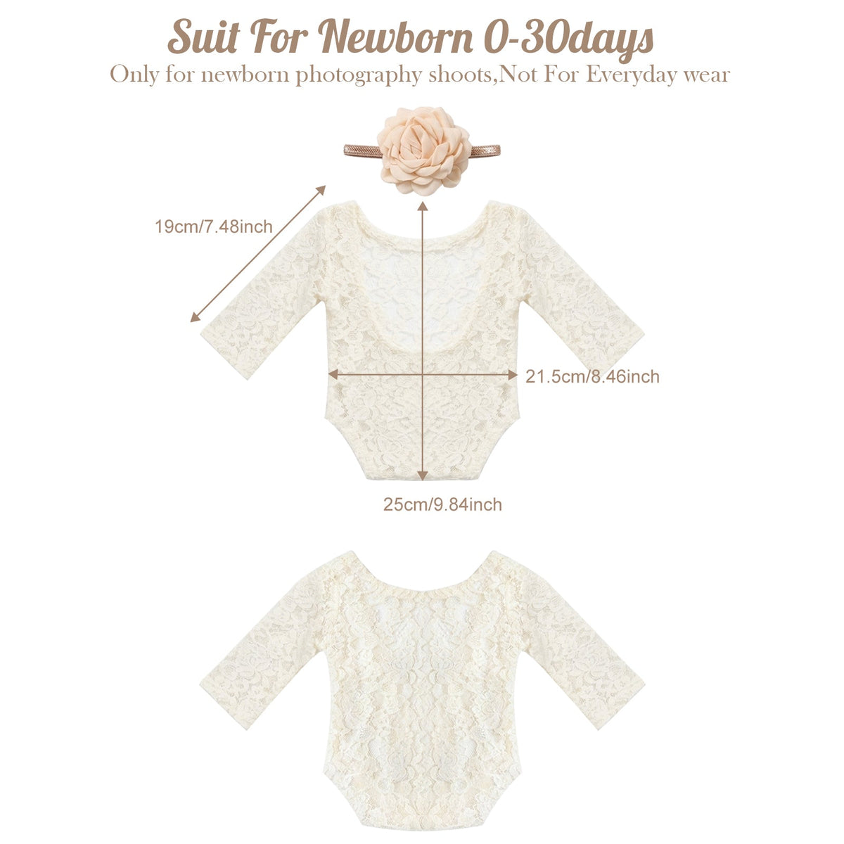 Newborn Lace Romper with Flower Headband Ivory Lace Baby Outfit - ForBaysyAngel