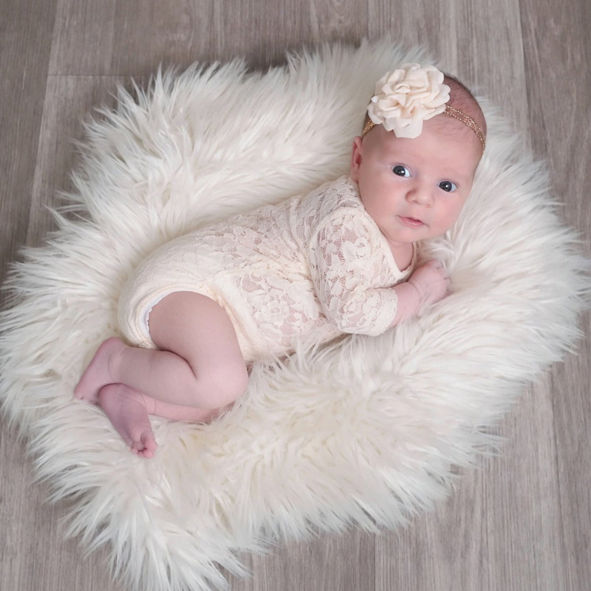Newborn Lace Romper with Flower Headband Ivory Lace Baby Outfit - ForBaysyAngel