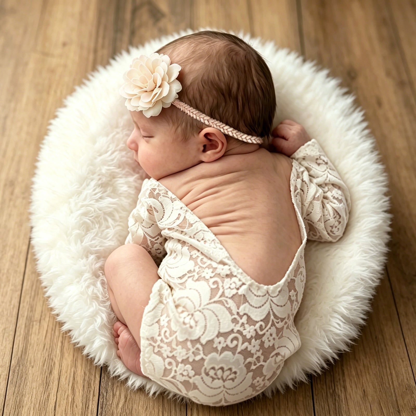 Newborn Lace Romper with Flower Headband Ivory Lace Baby Outfit - ForBaysyAngel