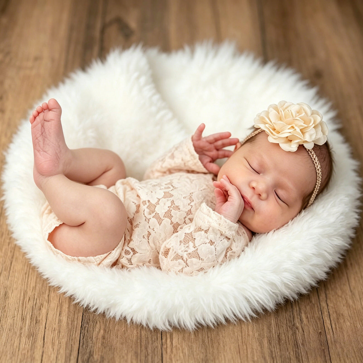 Newborn Lace Romper with Flower Headband Ivory Lace Baby Outfit - ForBaysyAngel