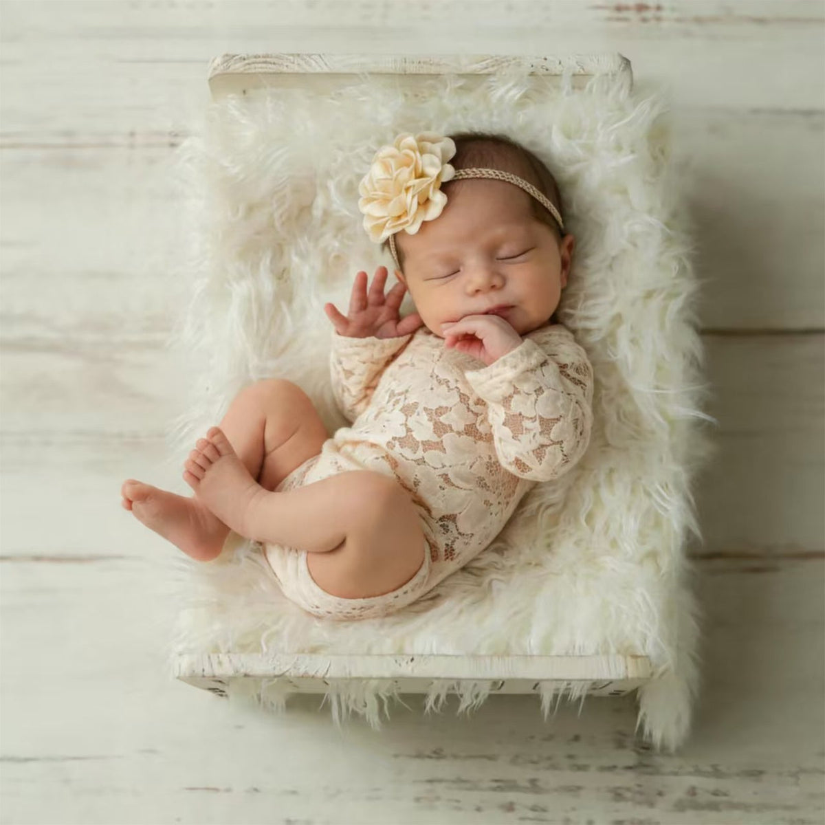 Newborn Lace Romper with Flower Headband Ivory Lace Baby Outfit - ForBaysyAngel