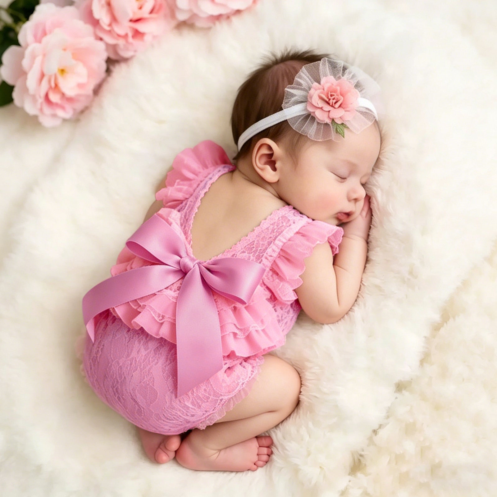 Newborn Lace Romper with Flower Headband Newborn Photography Outfit - ForBaysyAngel