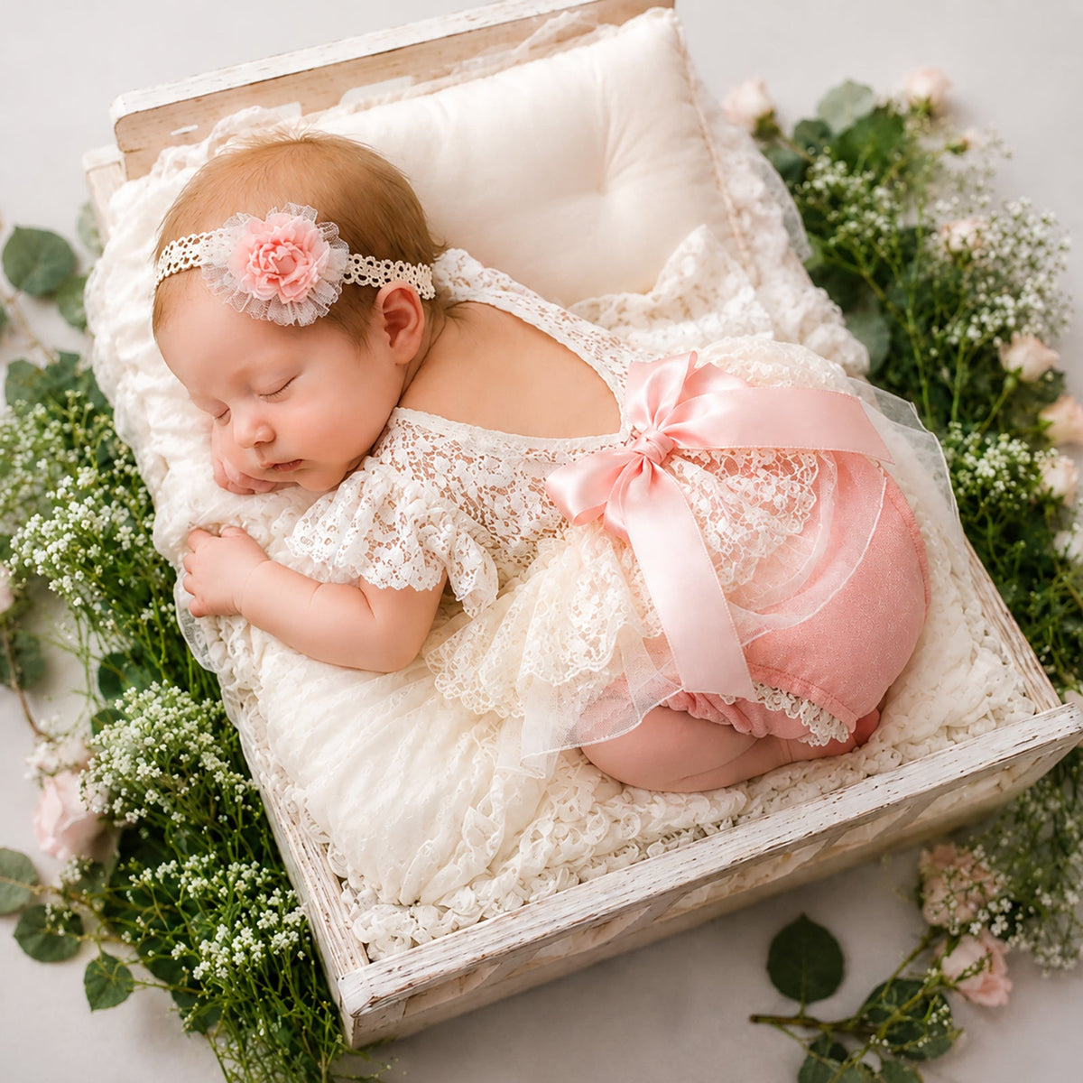 Newborn Lace Romper with Headband Set-Vintage Lace Baby Girl Photography Outfit - ForBaysyAngel