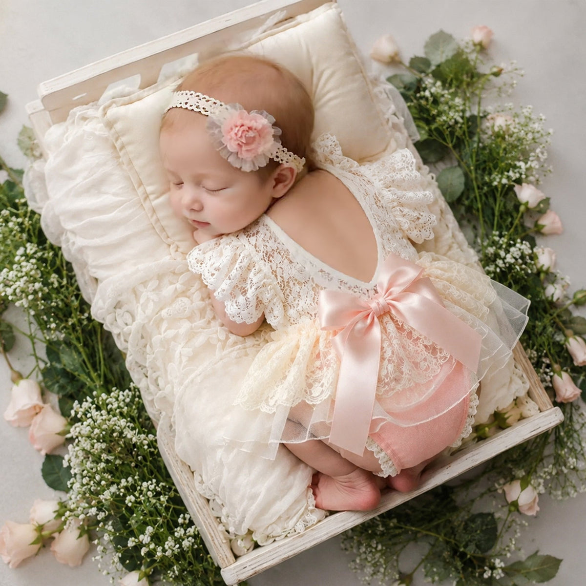 Newborn Lace Romper with Headband Set-Vintage Lace Baby Girl Photography Outfit - ForBaysyAngel