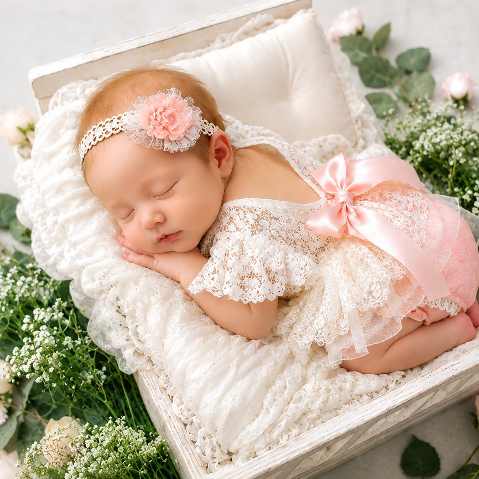 Newborn Lace Romper with Headband Set-Vintage Lace Baby Girl Photography Outfit - ForBaysyAngel