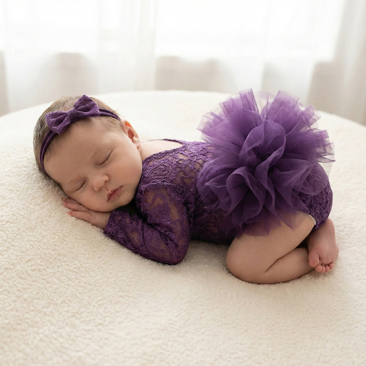 Newborn Photography Lace Romper Tutu Dress Bow Headband Set - ForBaysyAngel