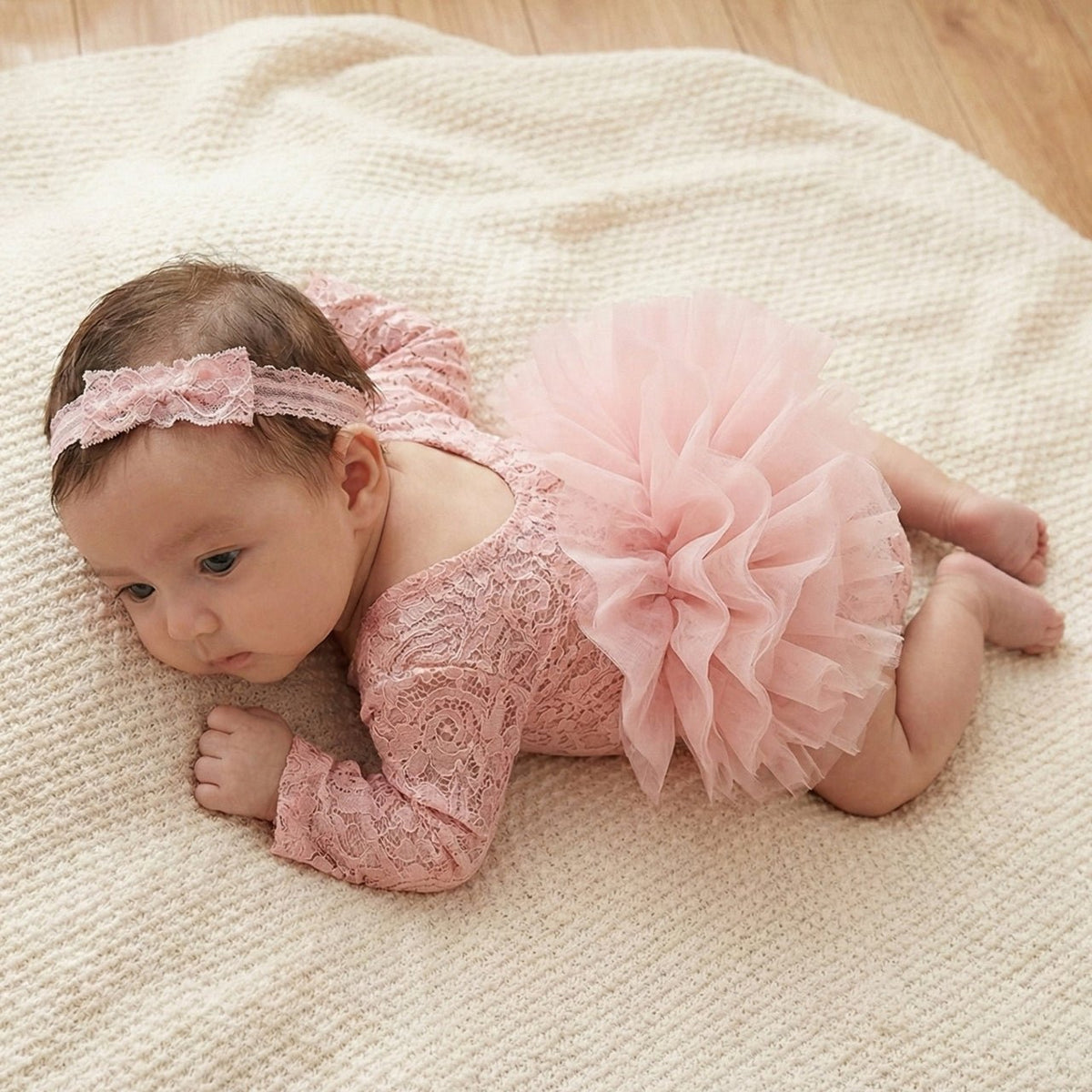 Newborn Photography Lace Romper Tutu Dress Bow Headband Set - ForBaysyAngel